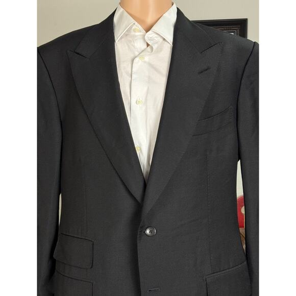 Tom Ford Black Cashmere Mohair Peak Lapel Suit Jacket Blazer 56L 46Long US Men's